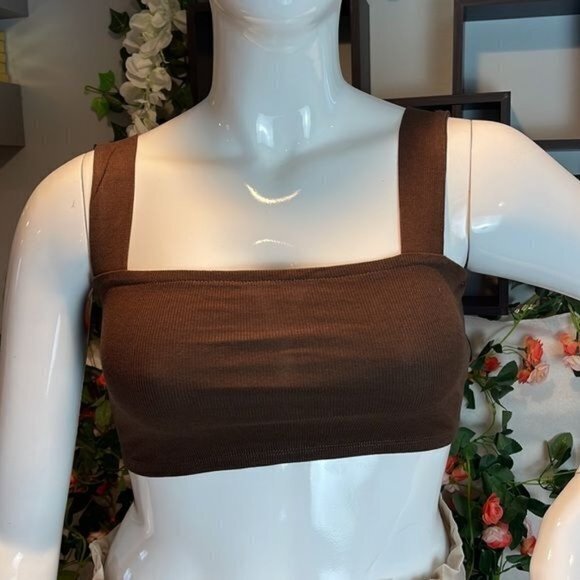 Ambiance Brown Cotton Blend Square Neck Wide Straps Crop Tank Size M - Picture 7 of 11